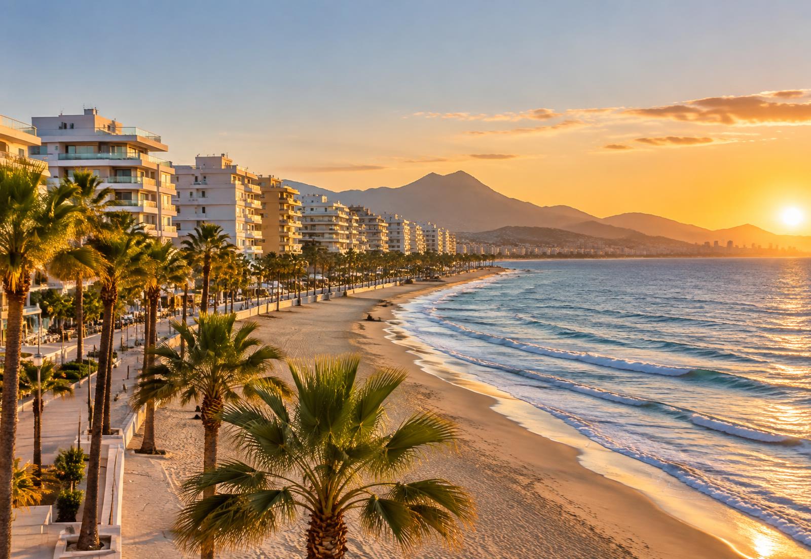 The coastline of Playa de San Juan, Alicante, at sunset